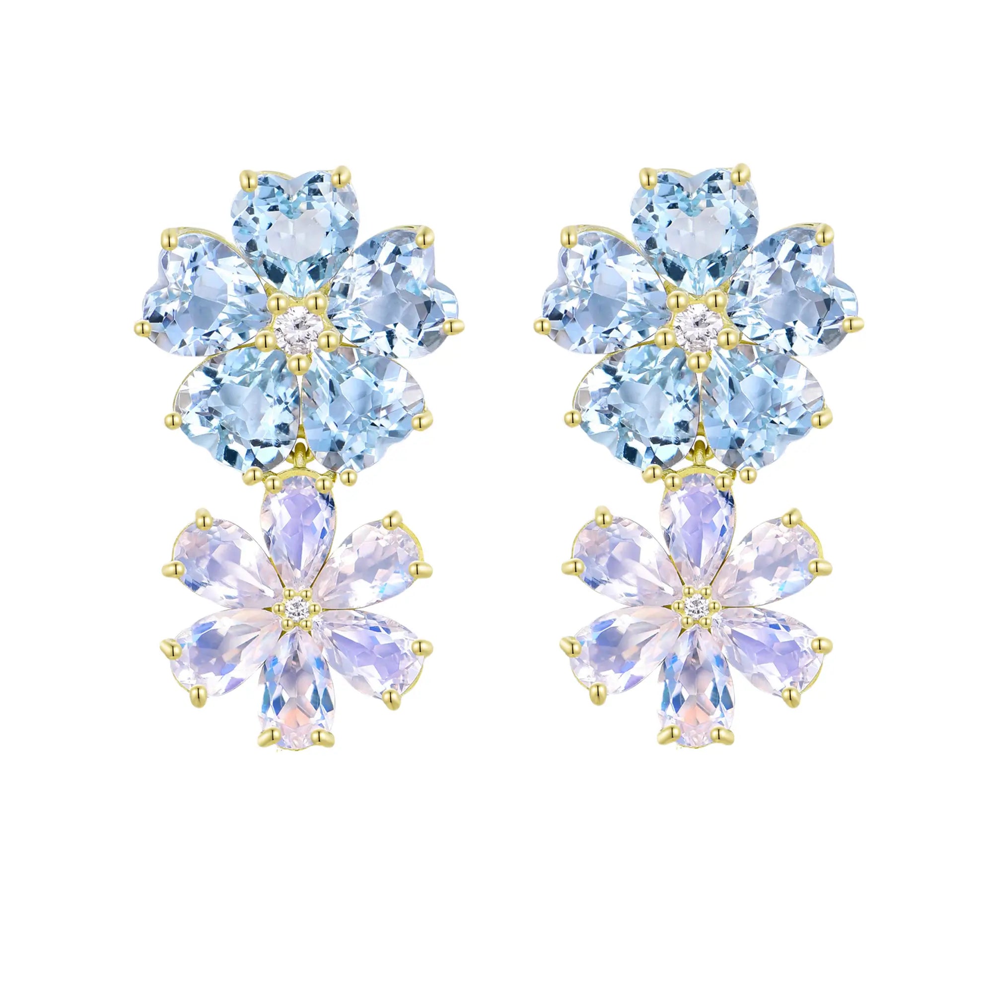 Nina Zhou 14K Gold Island Blossoms Natural Aquamarine Moonstone Diamond Drop Earrings