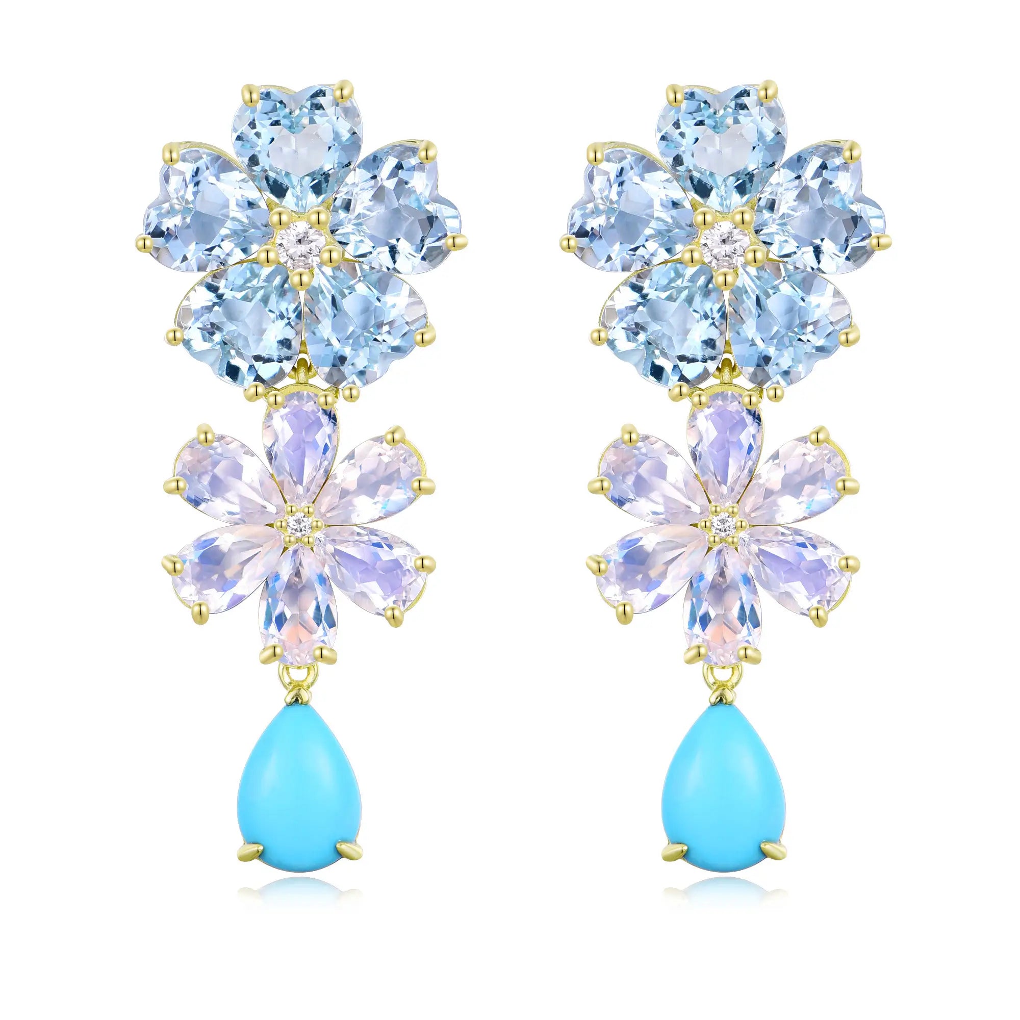 Nina Zhou 14K Gold Island Blossoms Natural Aquamarine Moonstone Diamond Turquoise Convertible Drop Earrings