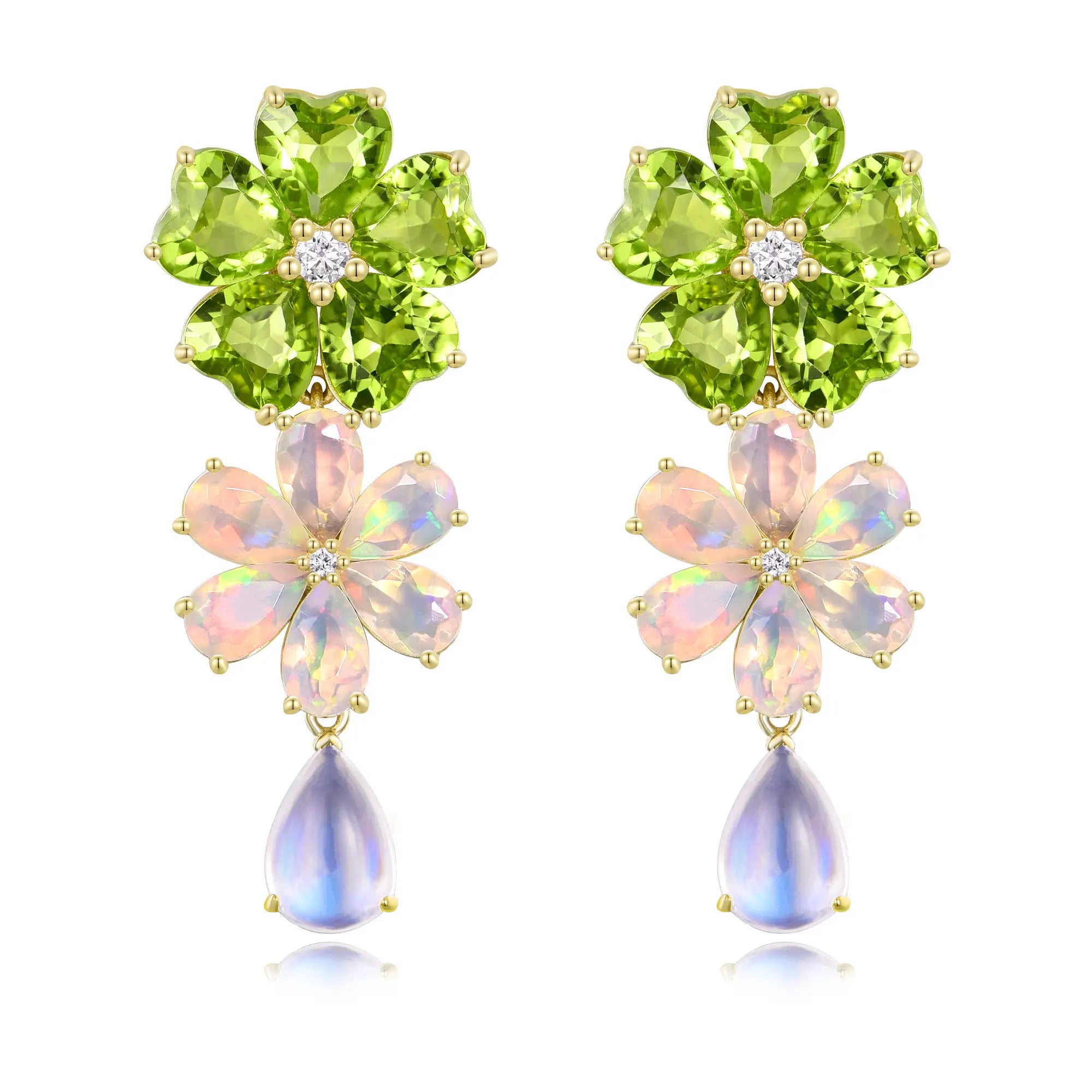 Nina Zhou 14k Gold Island Blossoms Natural Peridot Opal Diamond Moonstone Convertible Drop Earrings 