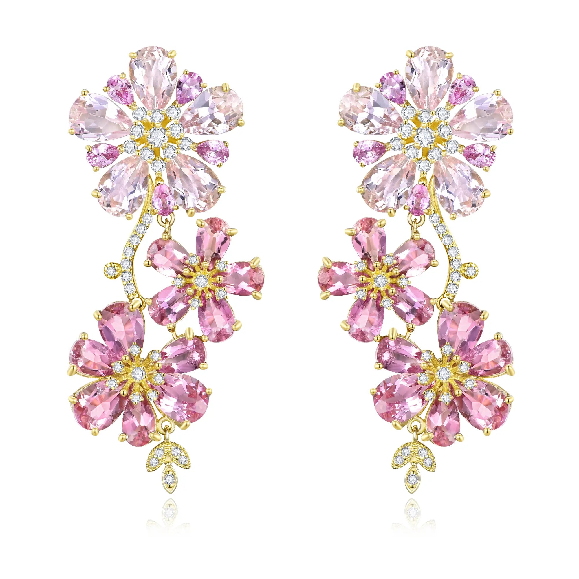 nina zhou Island Blossoms natural Pink Morganite, Sapphrie, Tourmaline & Diamond Drop Earrings in 14k gold