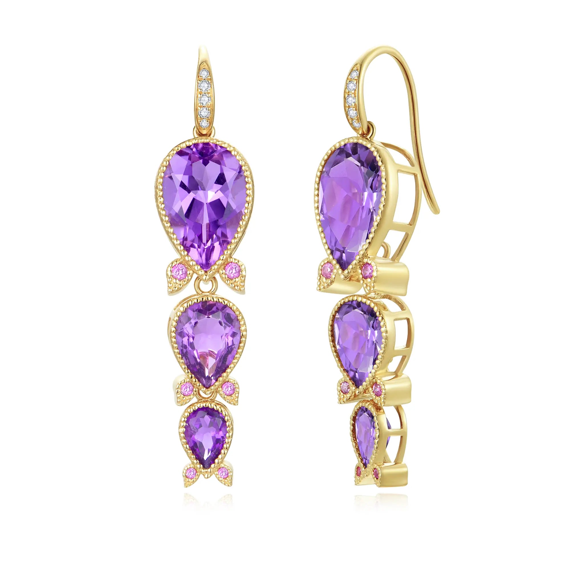 Lily of the Valley Natural Purple Amethyst, Pink Sapphire & Diamond Drop Earrings 14k yellow gold