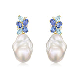 Elizabeth Sapphire, Aquamarine and Diamond Cluster Baroque Pearl Drop Earrings