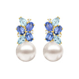 Elizabeth Sapphire, Aquamarine and Diamond Cluster Pearl Drop Earrings