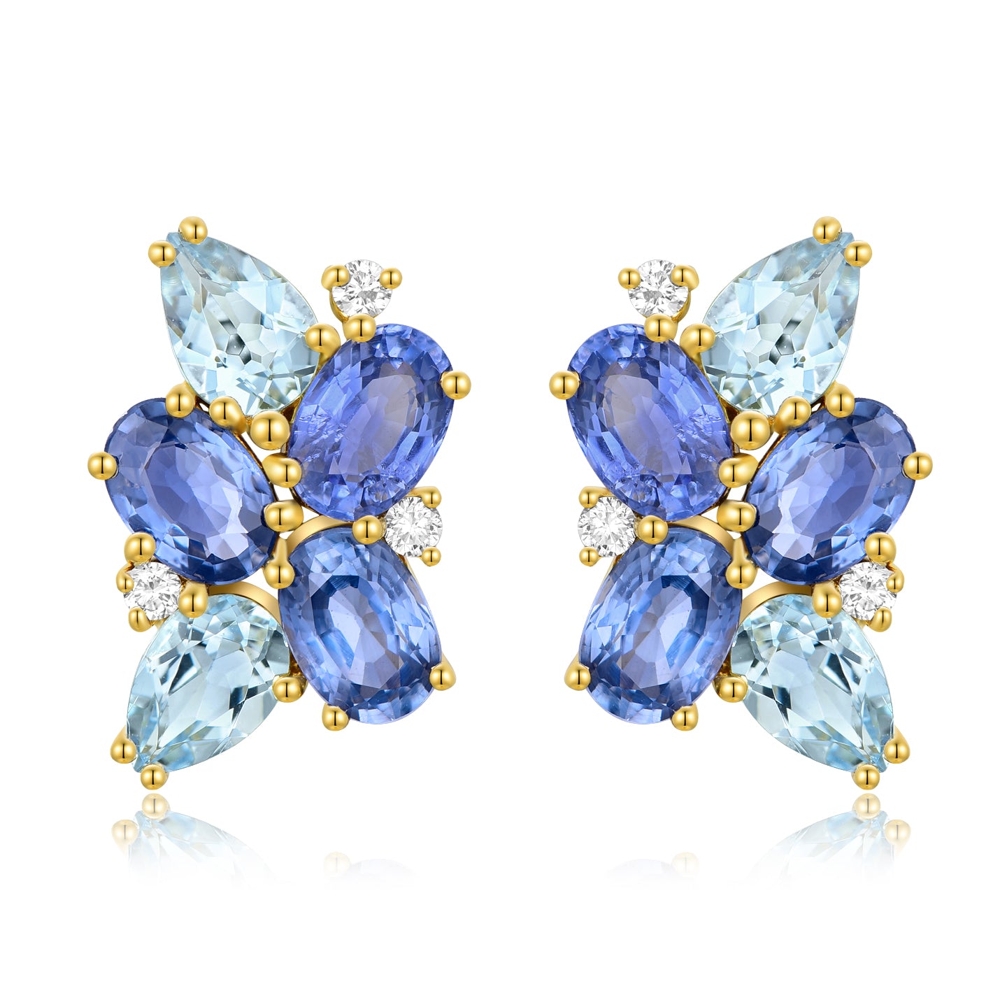 Elizabeth Sapphire, Aquamarine and Diamond Cluster Baroque Pearl Drop Earrings