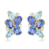 Elizabeth Sapphire, Aquamarine and Diamond Cluster Pearl Drop Earrings