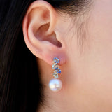 Nosa Sapphire, Aquamarine and Diamond Cluster Pearl Drop Earrings