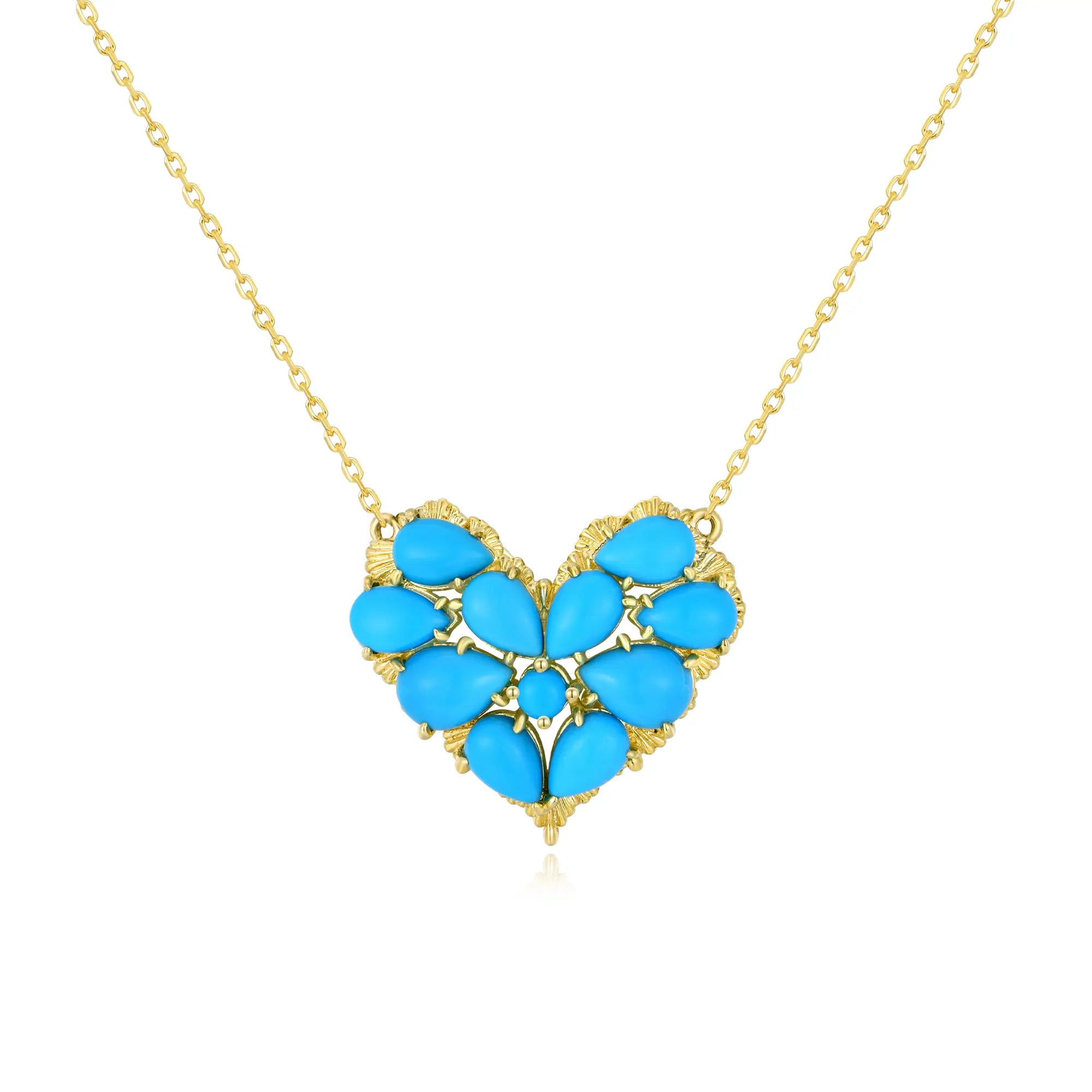 Fantasy Natural Turquoise Heart Pendant Necklace 14k yellow gold