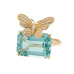 Nina Zhou One-of-a-kind Natural Diamond Butterfly on Natural Aquamarine Ring in 14K Yellow Gold, US 6