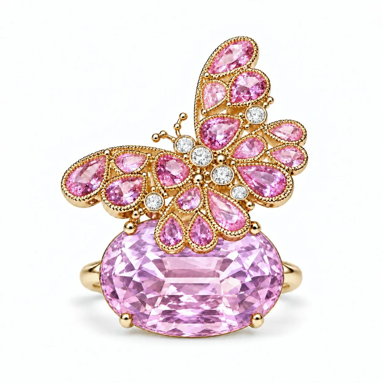14k yellow gold  Nina Zhou x Kai Butterfly on Rock 13.89 ctw Natural Kunzite, Pink Sapphire & Diamond Ring (One-of-a-Kind)