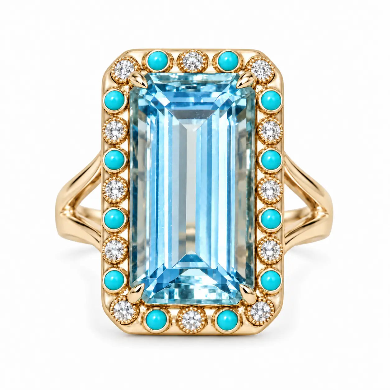 14k yellow gold Nina Zhou x Kai Tidal Laguna 7.62 ctw Guild Certified Natural Aquamarine, Turquoise & Diamond Ring (One-of-a-Kind)