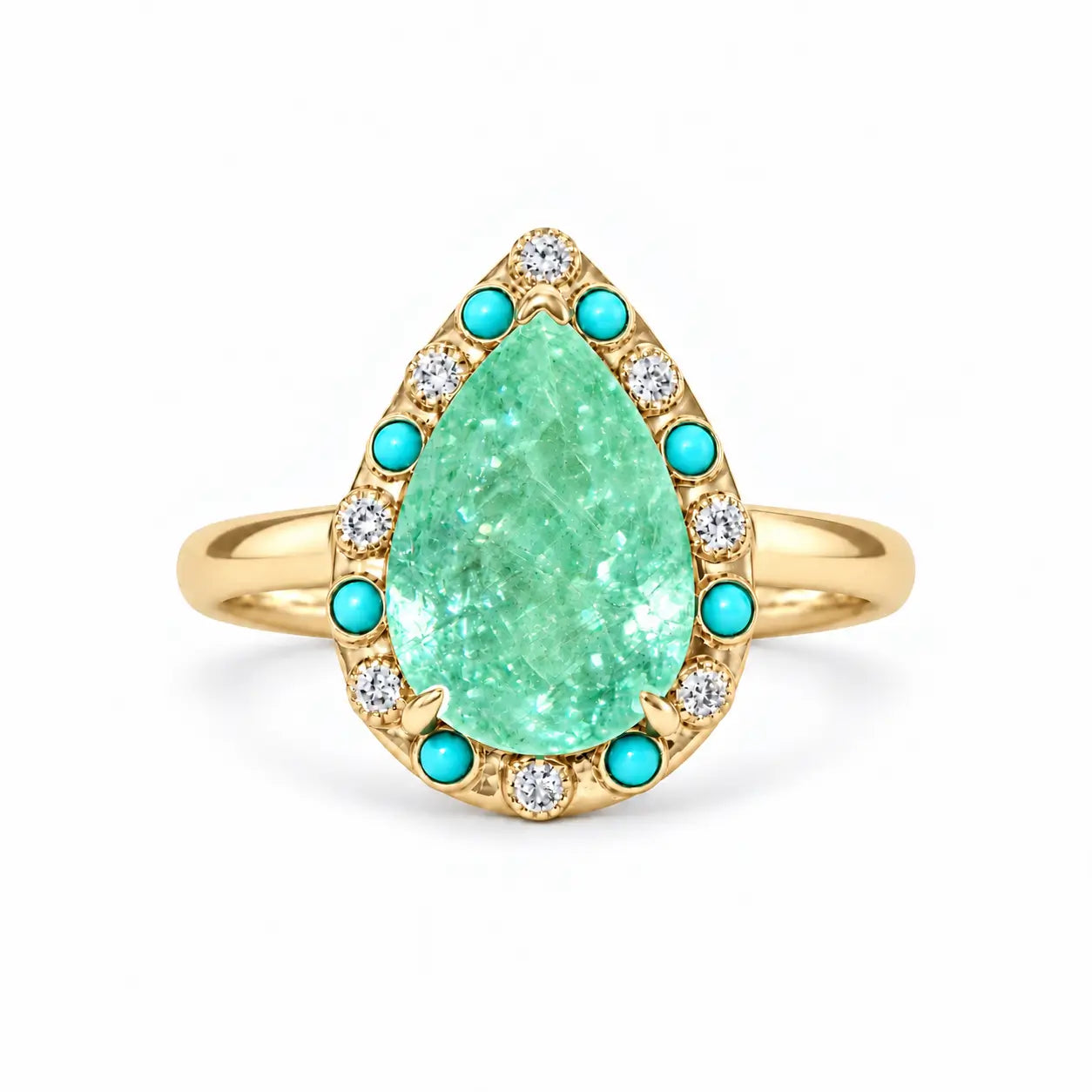 14k yellow gold Nina Zhou x Kai Tidal Laguna 2.41 ctw AIGS Certified Natural Paraiba Tourmaline, Turquoise & Diamond Ring (One-of-a-Kind)