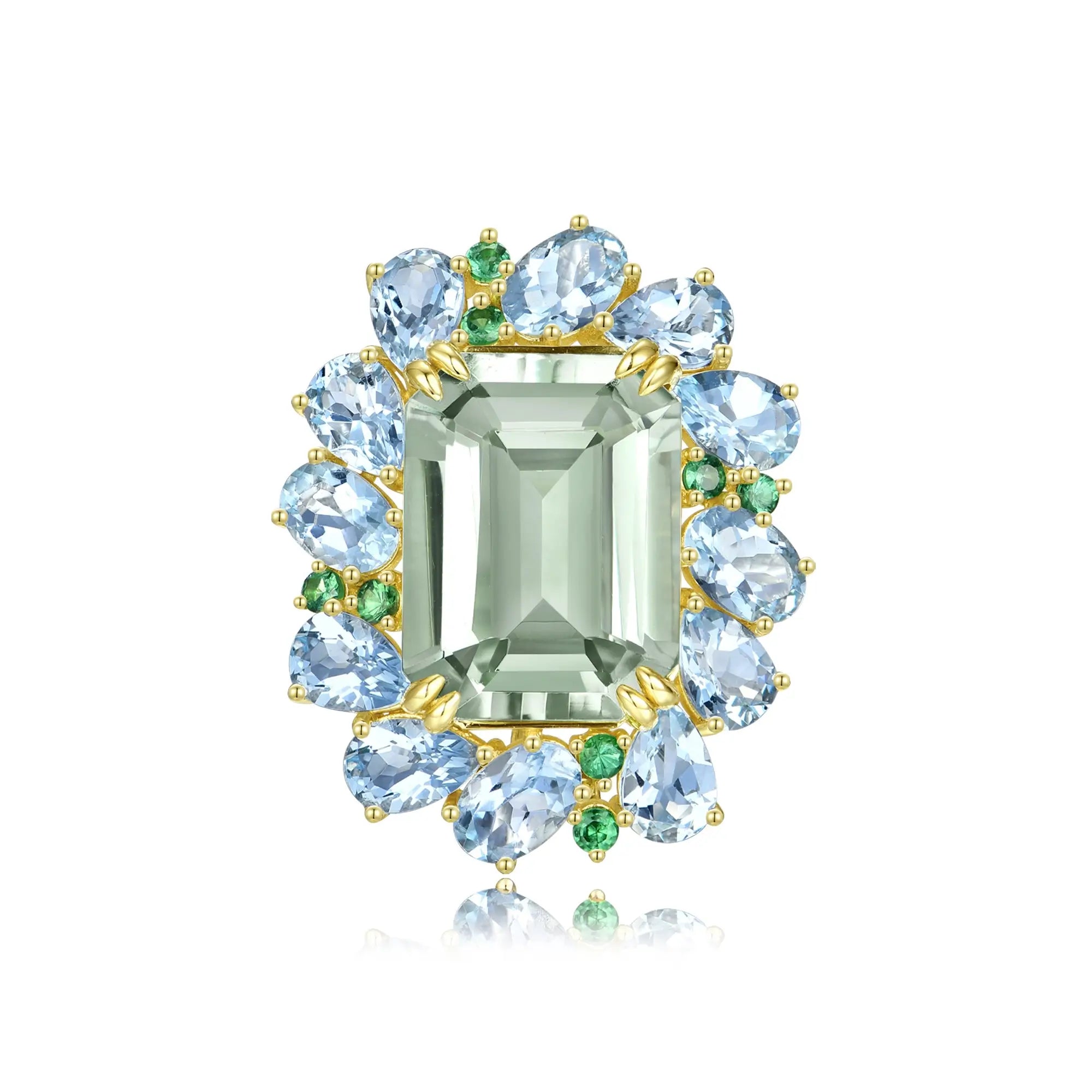 Nina Zhou Natural Margaret Prasiolite Aquamarine Tsavorite Cocktail Ring in 14k gold