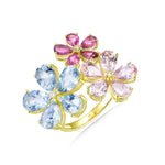 Natural Aquamarine, Morganite, Pink Tourmaline & Diamond Flower Blossom Cocktail Ring in 14k gold