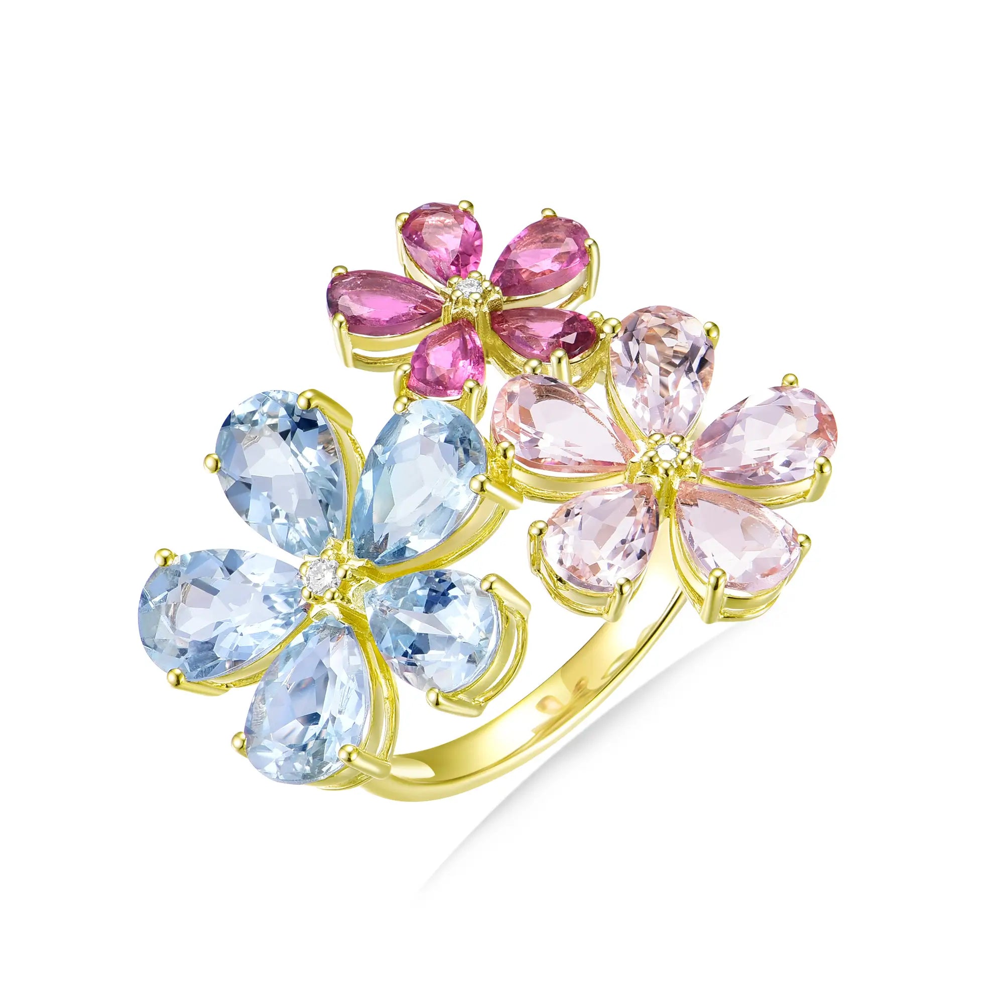 Natural Aquamarine, Morganite, Pink Tourmaline & Diamond Flower Blossom Cocktail Ring in 14k gold