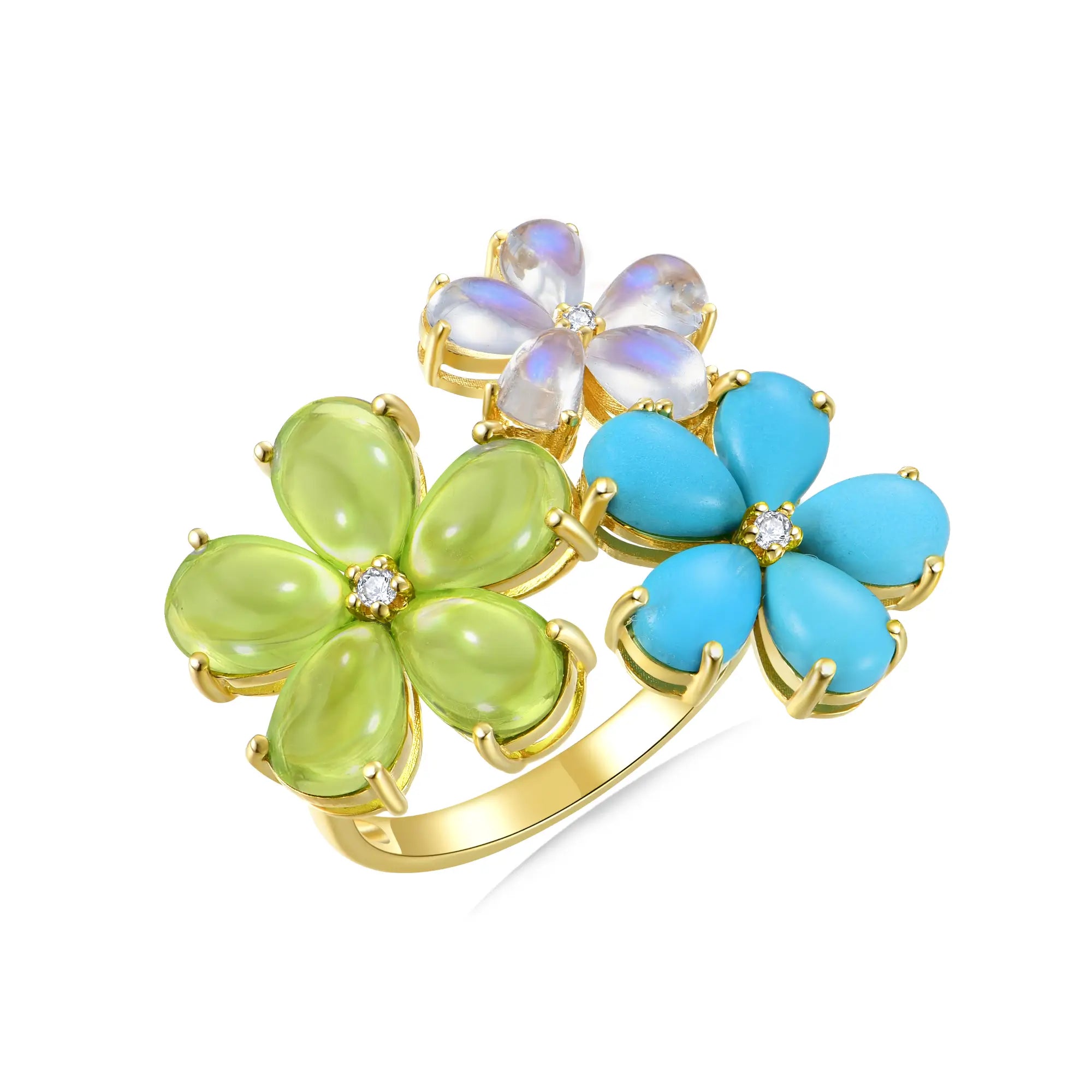 Natural Peridot Turquoise Moonstone Diamond Flower Blossom Cocktail Ring 14k yellow gold