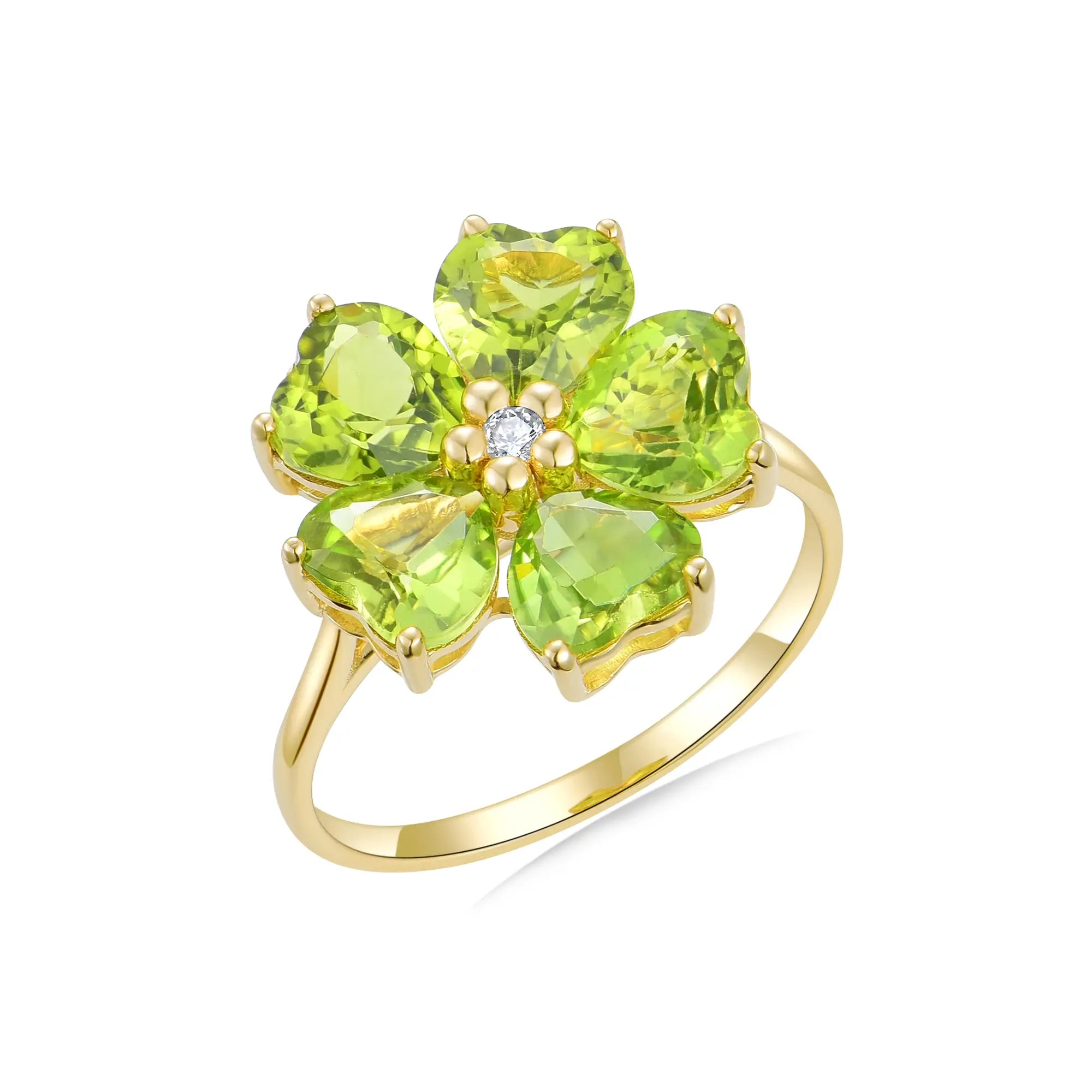 Natural Peridot Diamond Cherry Blossom Cocktail Ring 14k yellow gold