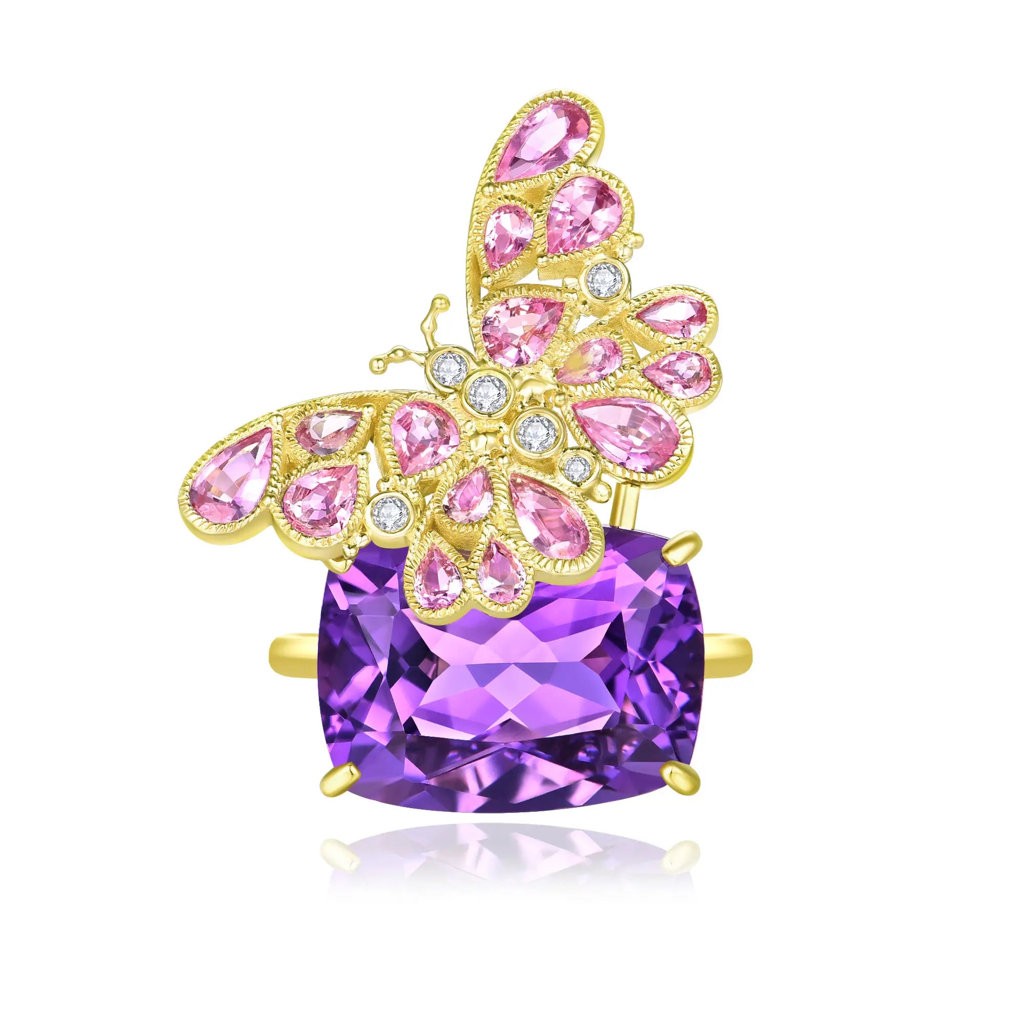 Nina Zhou Natural Pink Sapphire & Diamond Butterfly on 11ctw Amethyst Cocktail Ring in 14k yellow gold
