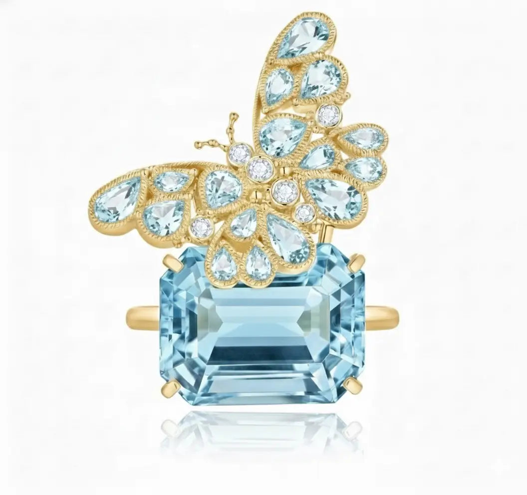 Nina Zhou Natural 14.5ctw Aquamarine & Diamond Butterfly on Topaz Convertible Brooch-Ring in 14k gold