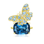 Natural Aquamarine & Diamond Butterfly on 13.4ctw London Blue Topaz Cocktail Ring in 14k yellow gold