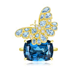 Natural Aquamarine & Diamond Butterfly on 13.4ctw London Blue Topaz Cocktail Ring in 14k yellow gold