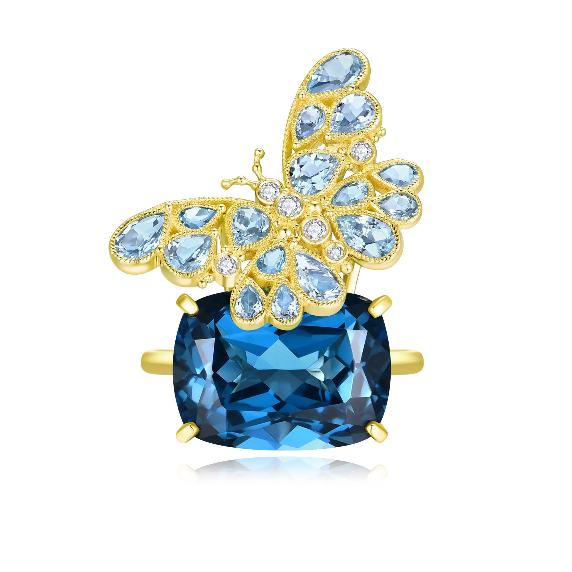 Natural Aquamarine & Diamond Butterfly on 13.4ctw London Blue Topaz Cocktail Ring in 14k yellow gold
