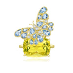 Nina Zhou Natural 13.50ctw Aquamarine & Diamond Butterfly on Lemon Quartz Convertible Brooch-Ring in 14k gold