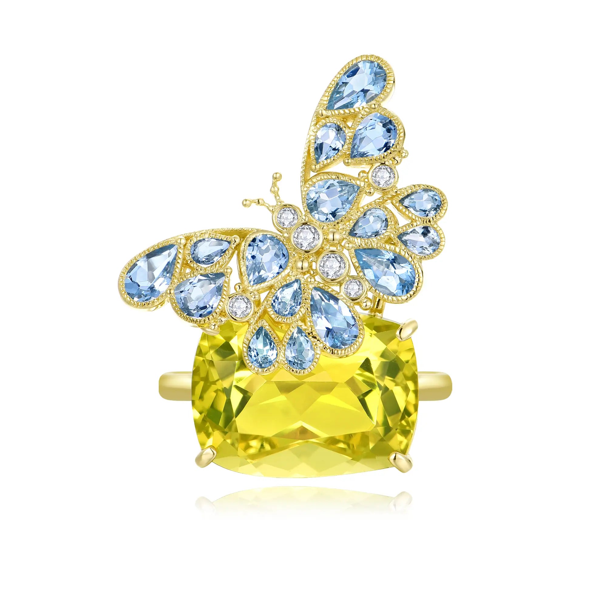 Nina Zhou Natural 13.50ctw Aquamarine & Diamond Butterfly on Lemon Quartz Convertible Brooch-Ring in 14k gold