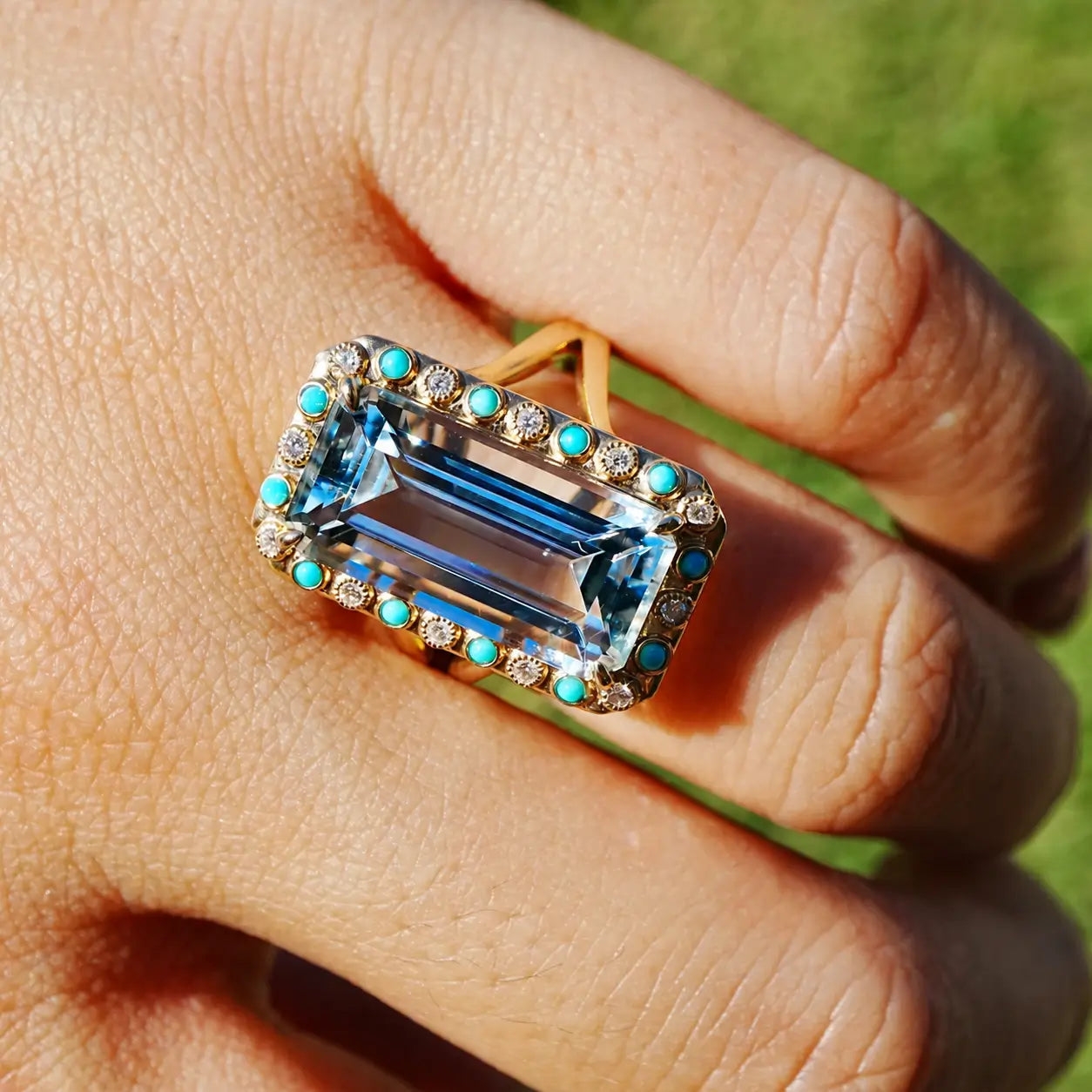 14k yellow gold Nina Zhou x Kai Tidal Laguna 7.62 ctw Guild Certified Natural Aquamarine, Turquoise & Diamond Ring (One-of-a-Kind)