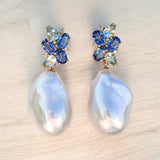 Elizabeth Sapphire, Aquamarine and Diamond Cluster Baroque Pearl Drop Earrings