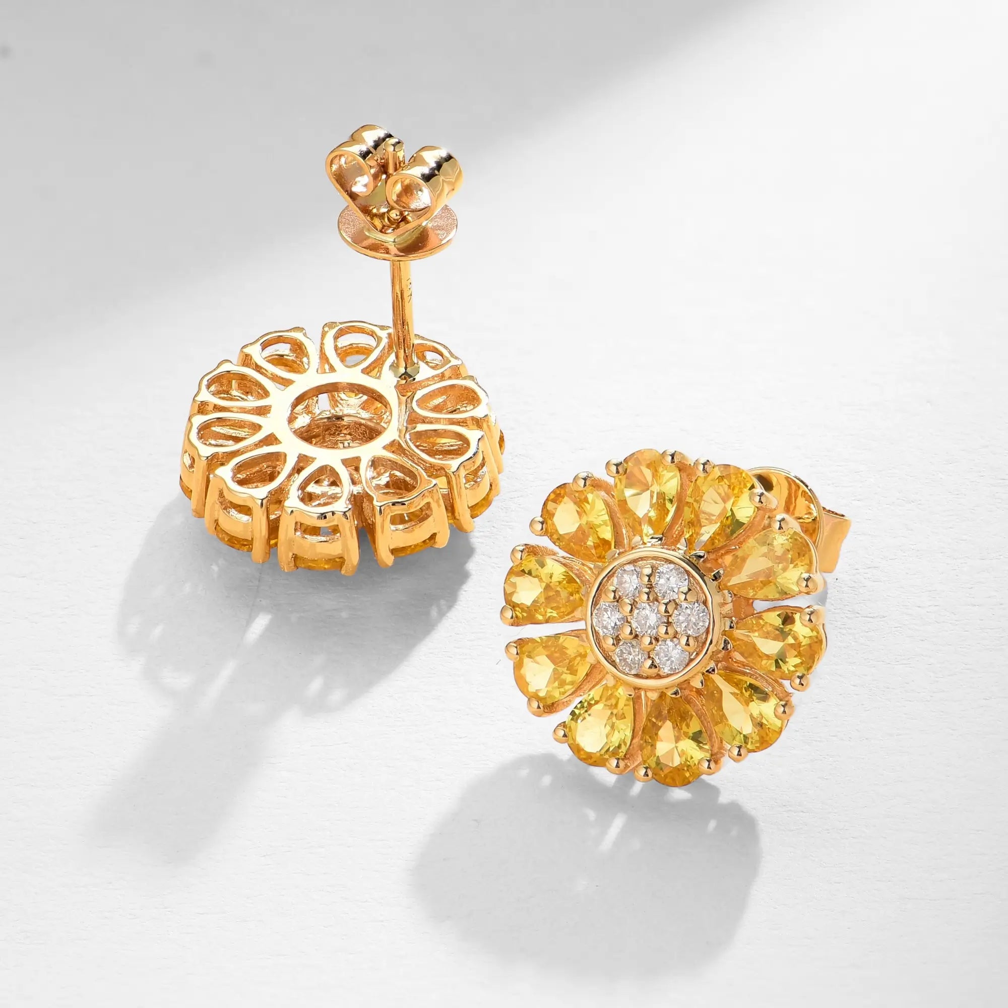 Sunflower Natural Yellow Sapphire Diamond Earrings 14k yellow gold