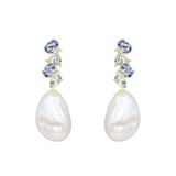 Nosa Sapphire, Aquamarine and Diamond Cluster Baroque Pearl Drop Earrings