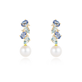 Nosa Sapphire, Aquamarine and Diamond Cluster Pearl Drop Earrings