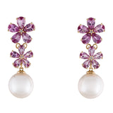 Pink Sapphire Diamond Double Blossom Pearl Convertible Drop Earrings