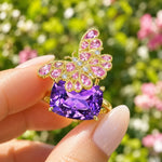 Nina Zhou Natural Pink Sapphire & Diamond Butterfly on 11ctw Amethyst Cocktail Ring in 14k yellow gold