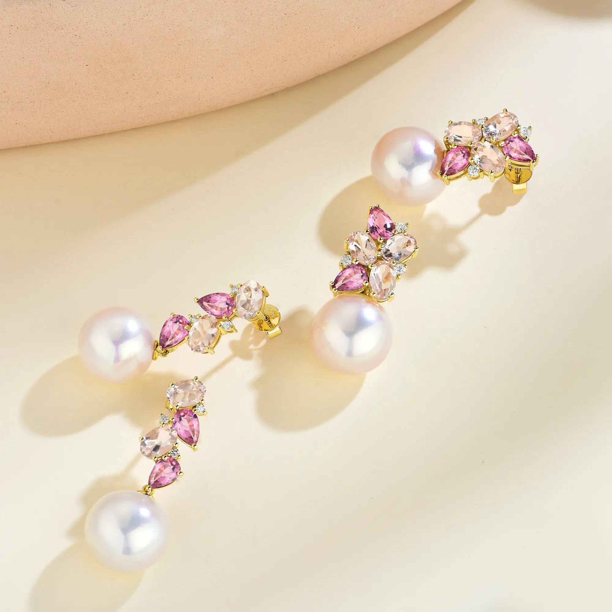 Nina Zhou Natural Morganite, Pink Tourmaline and Diamond Cluster Pearl Convertible Drop Earrings 14k yellow gold