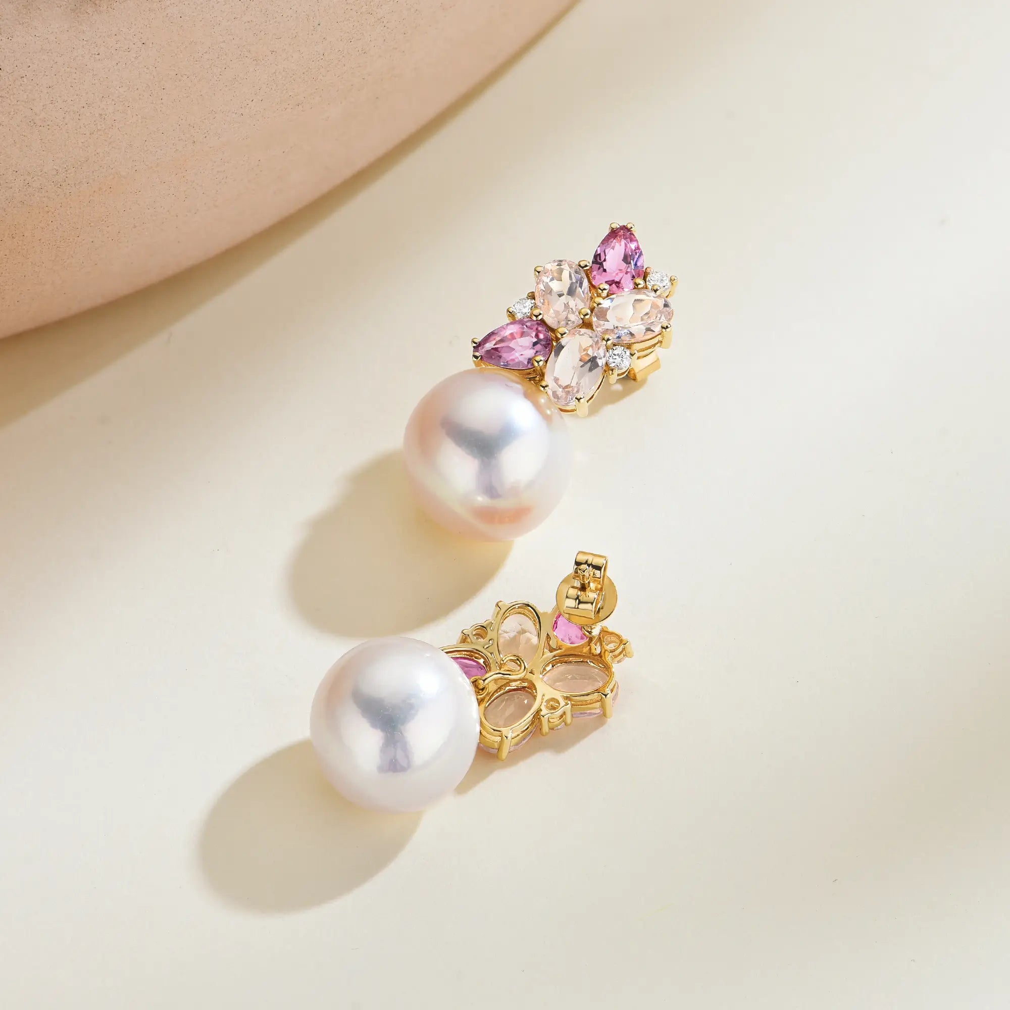 Nina Zhou Elizabeth Natural Morganite, Pink Tourmaline and Diamond Cluster Pearl Convertible Drop Earrings 14k yellow gold