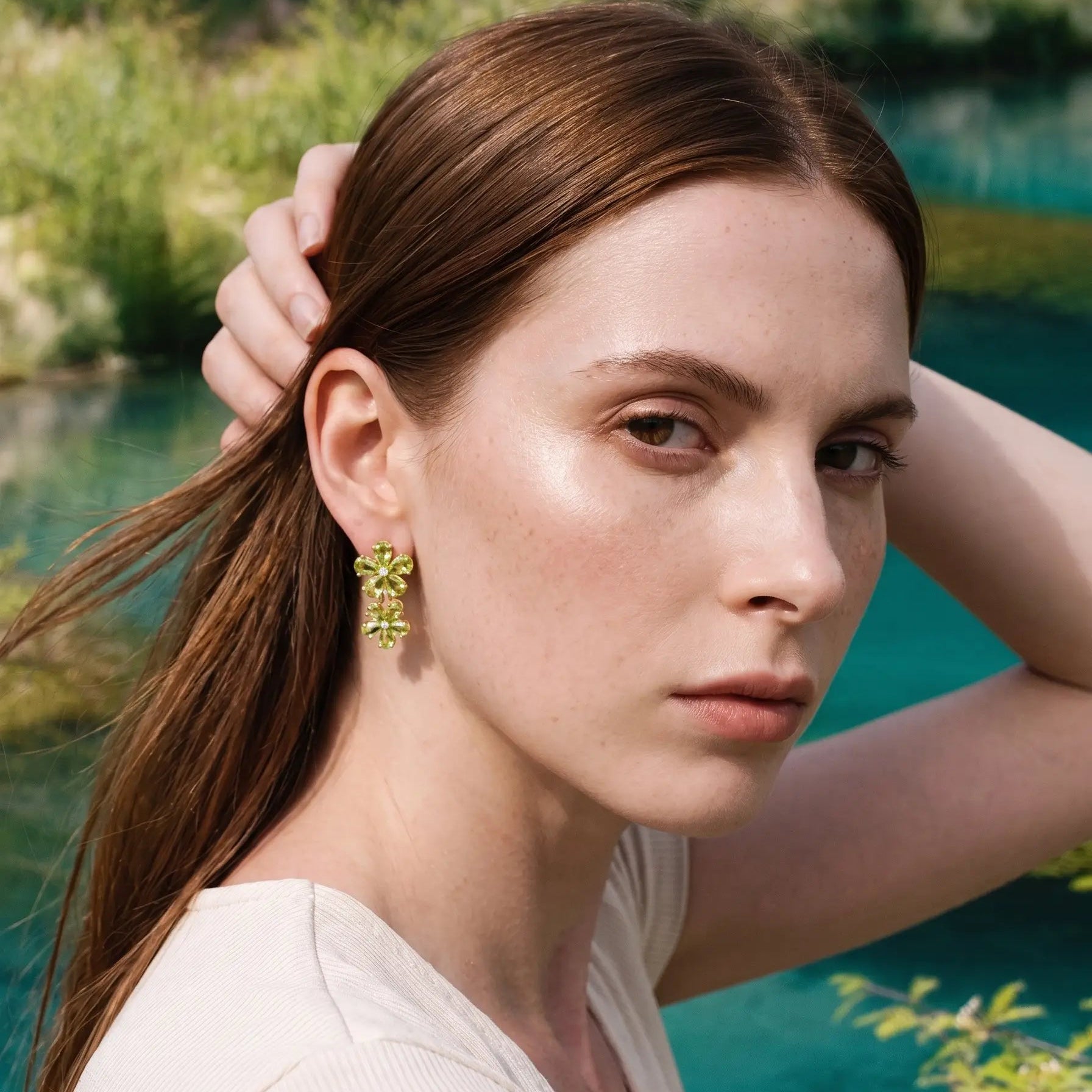 Peridot Diamond Double Blossom Drop Earrings 14k yellow gold 