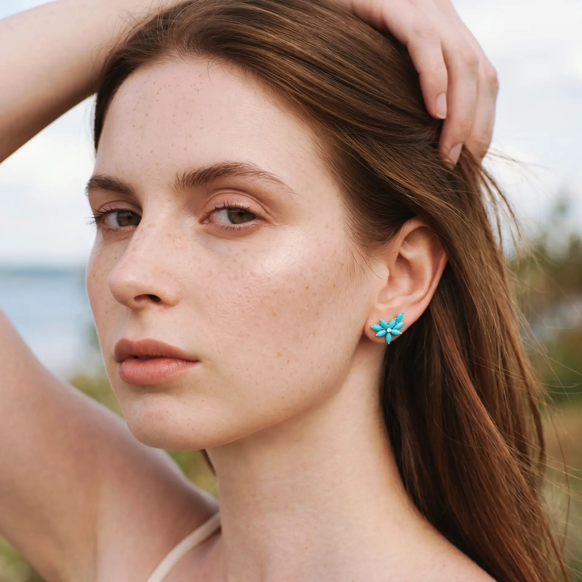 Natural Turquoise Diamond Cluster Earrings 14k yellow gold 