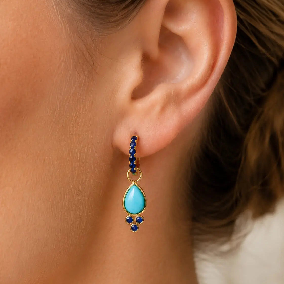 nina zhou jewelry Charlotte natural Blue Sapphire and Turquoise Hoop Earrings with Drop Enhancers in 14k yellow gold