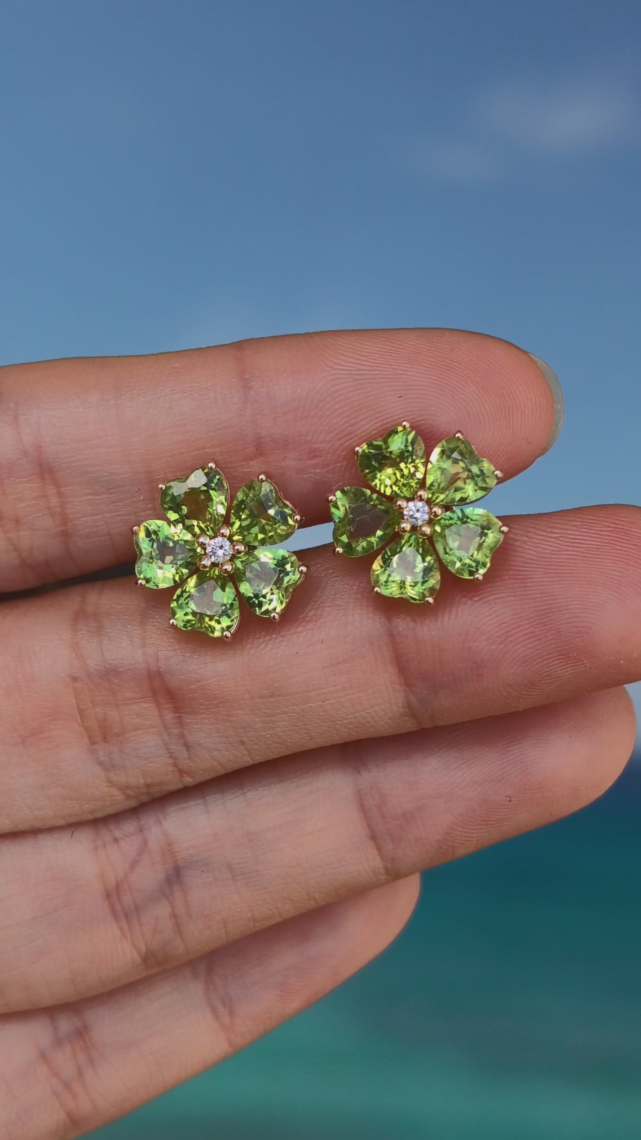 Natural Peridot Diamond Cherry Blossom Earrings 14k yellow gold