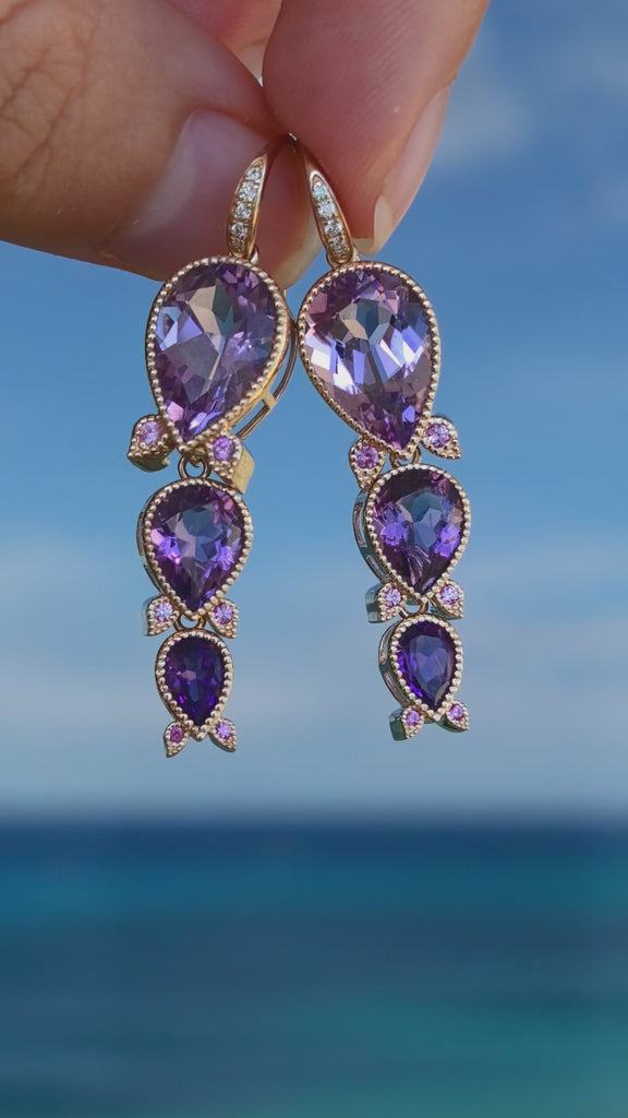 Lily of the Valley Natural Purple Amethyst, Pink Sapphire & Diamond Drop Earrings 14k yellow gold