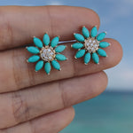 Sunflower Natural Turquoise Diamond Earrings 14k yellow gold 