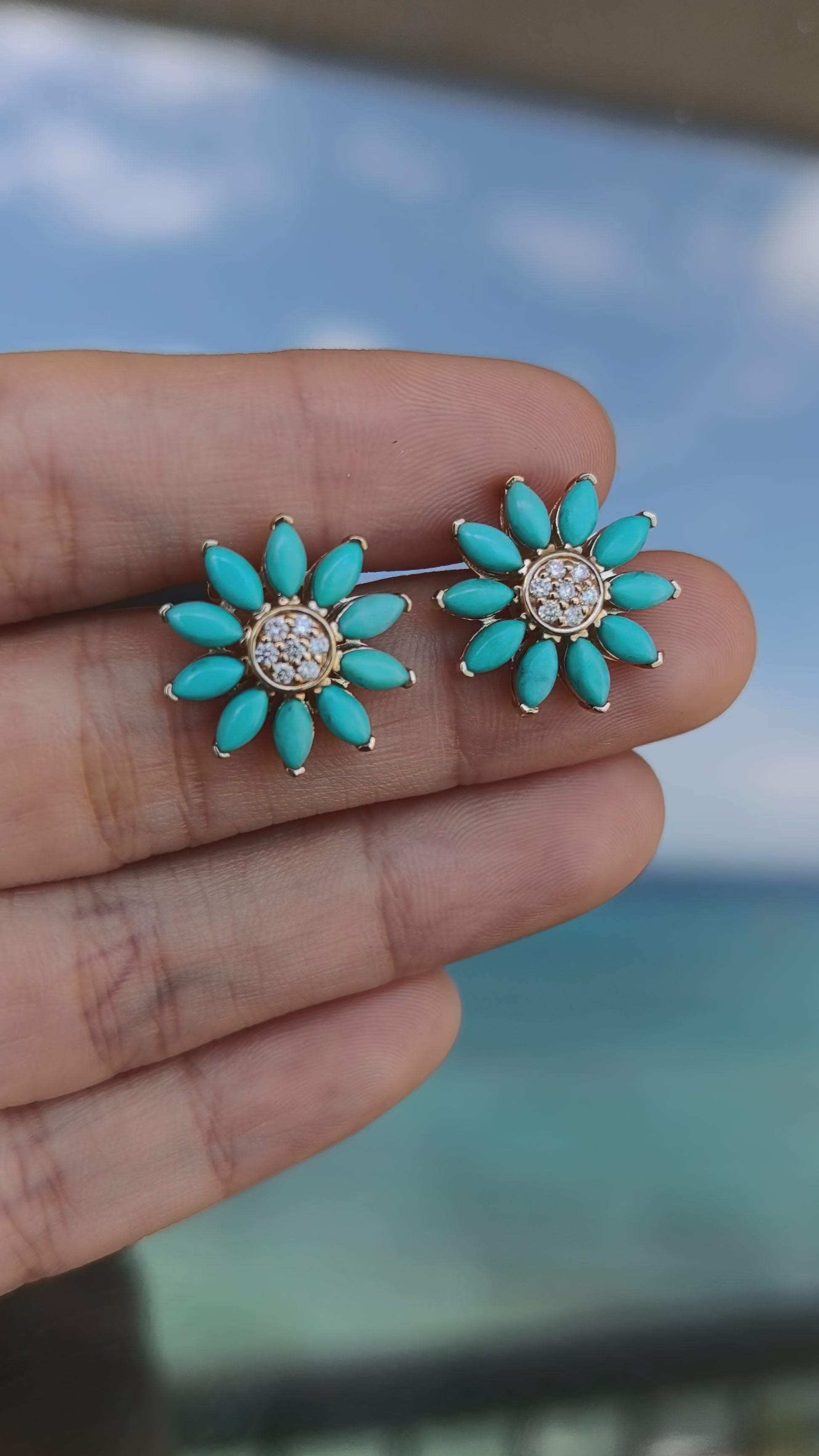 Sunflower Natural Turquoise Diamond Earrings 14k yellow gold 