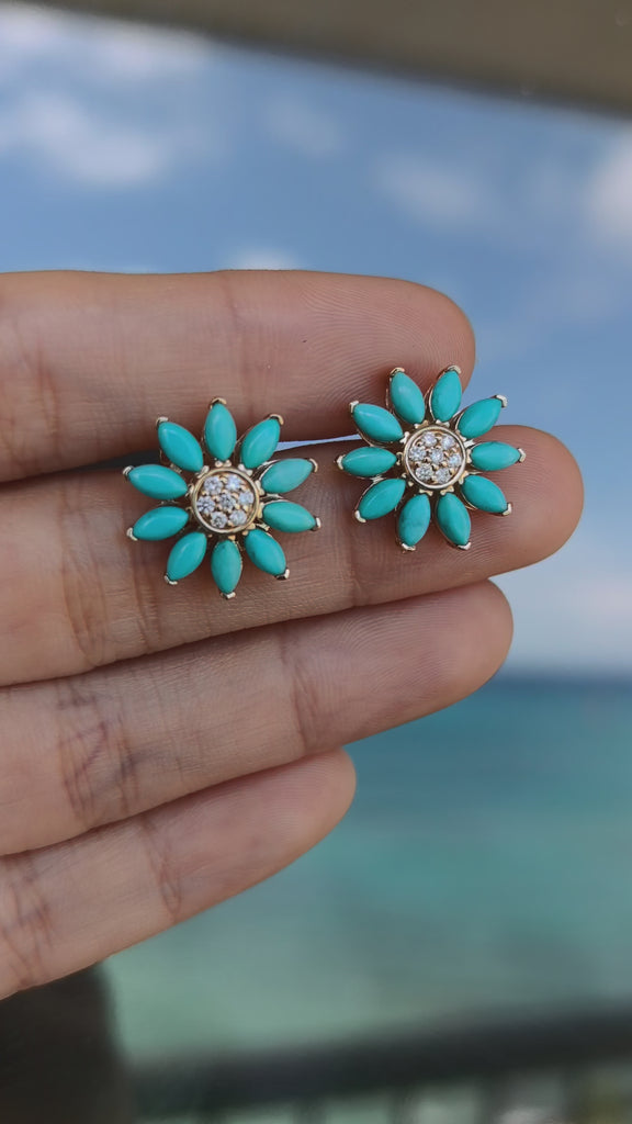 Sunflower Natural Turquoise Diamond Earrings 14k yellow gold 