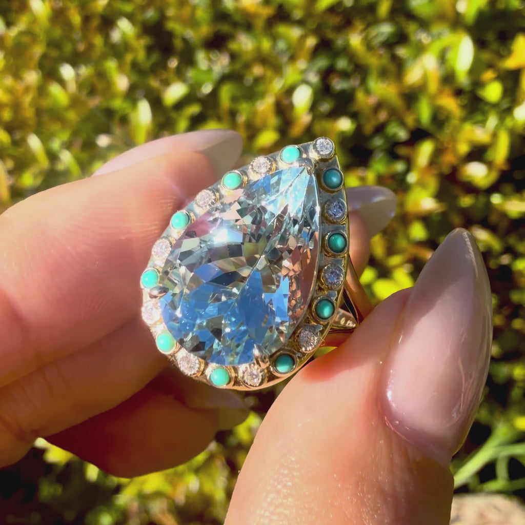 14k yellow gold Nina Zhou x Kai Tidal Laguna 5.86 ctw AIGS Certified Natural Aquamarine, Turquoise & Diamond Ring (One-of-a-Kind)