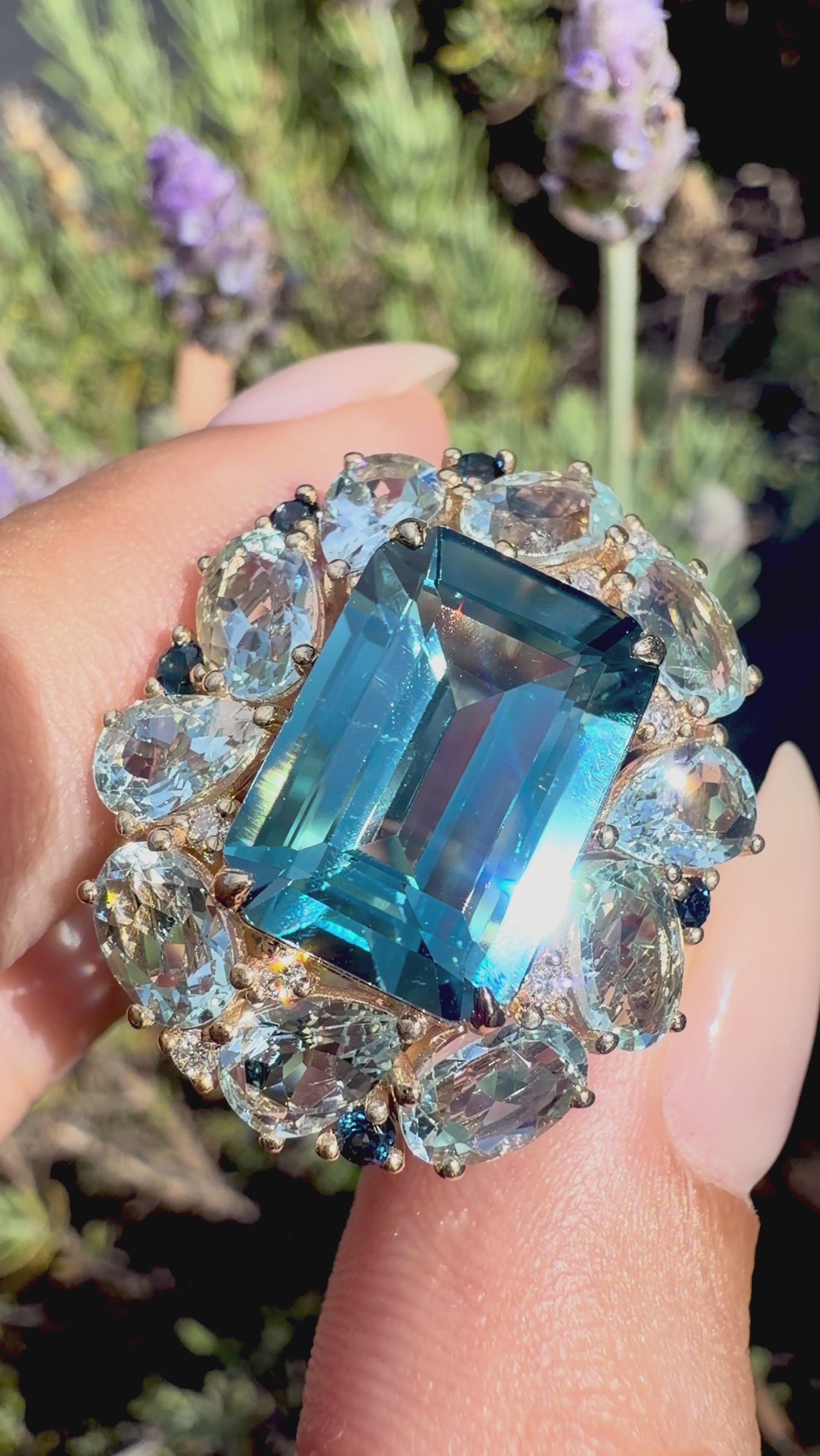 14k yellow gold Margeret London Blue Topaz Aquamarine Sapphire Cocktail Ring