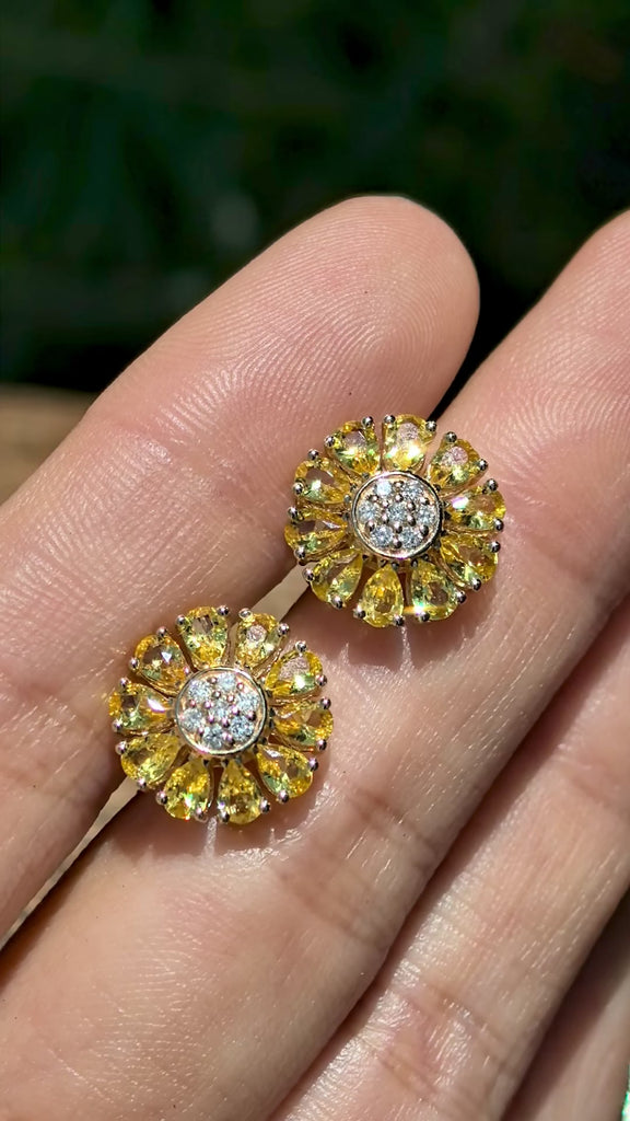 Sunflower Natural Yellow Sapphire Diamond Earrings 14k yellow gold