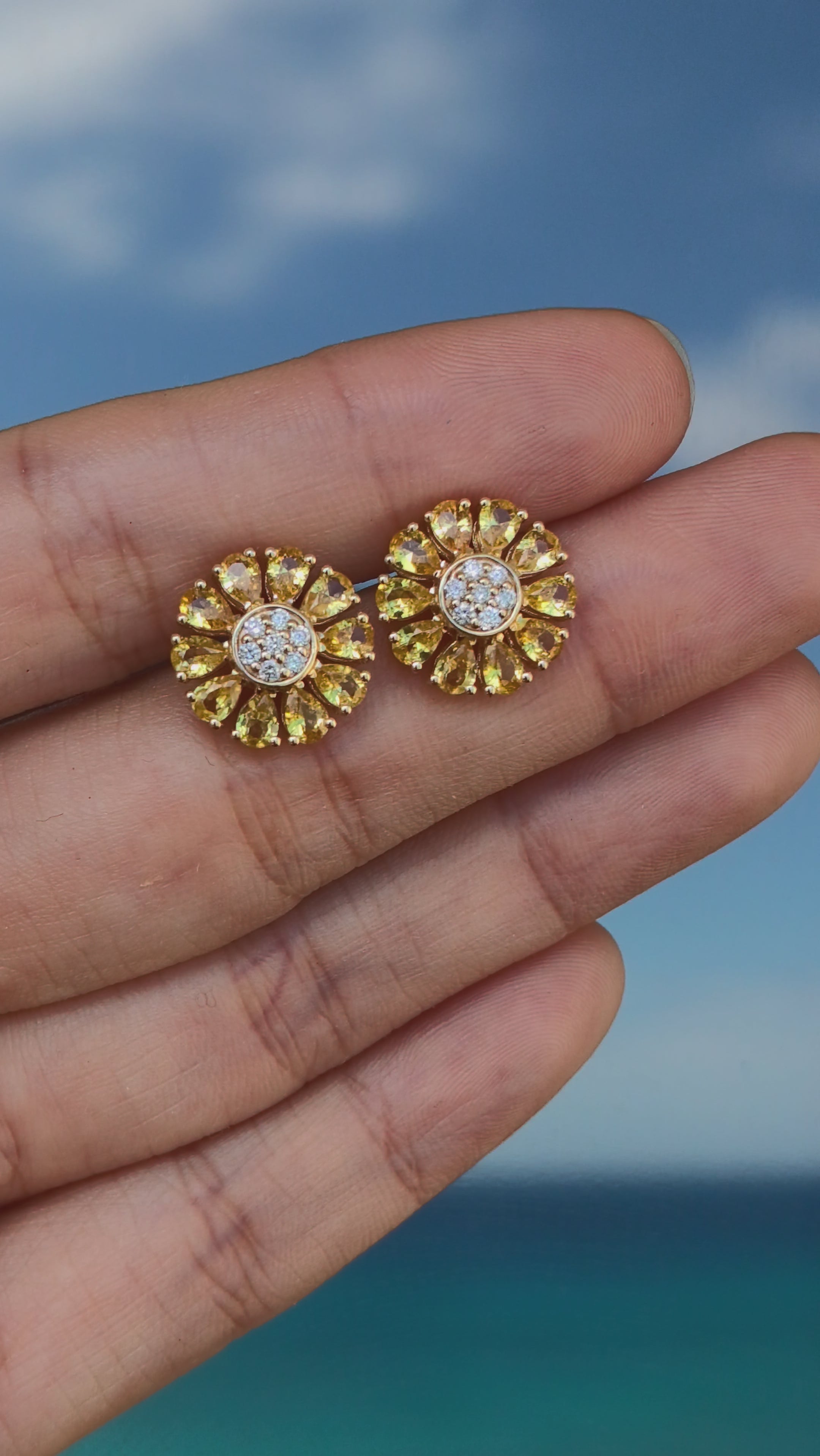 Sunflower Natural Yellow Sapphire Diamond Earrings 14k yellow gold
