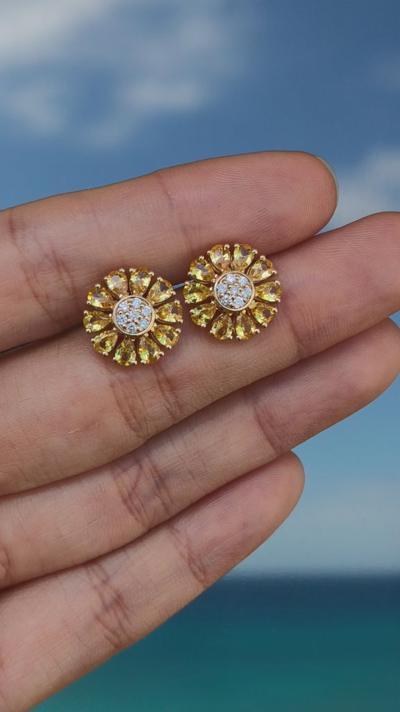 Sunflower Natural Yellow Sapphire Diamond Earrings 14k yellow gold