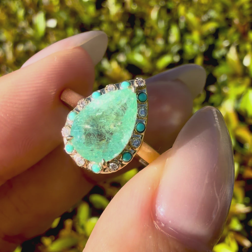 14k yellow gold Nina Zhou x Kai Tidal Laguna 2.41 ctw AIGS Certified Natural Paraiba Tourmaline, Turquoise & Diamond Ring (One-of-a-Kind)